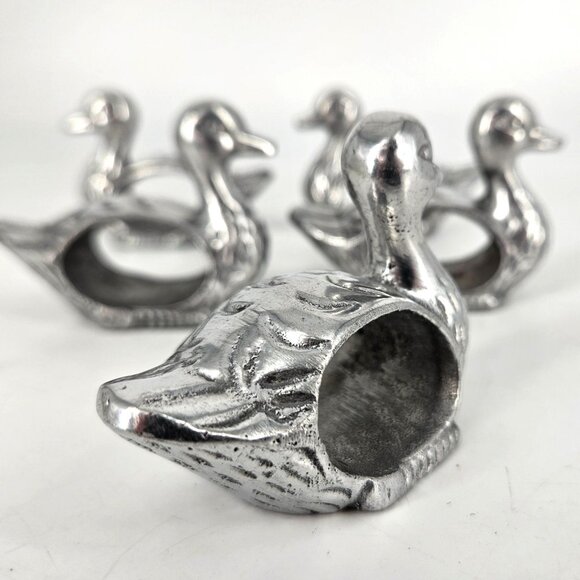 Vintage Pewter Metal Silver Napkin Rings Duck Animal Bird Ornithology Set of 5 - Picture 3 of 10